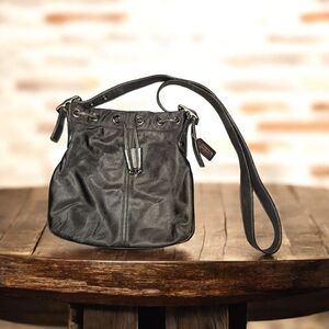 Vintage Coach Black Nylon Drawstring Shoulder Bag with Leather Trim